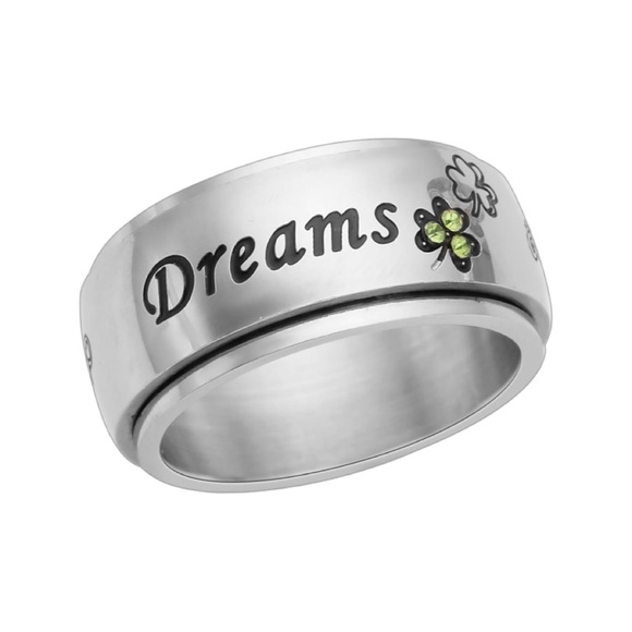 Green Austrian Crystal & Enameled Dreams Engraved Stainless Steel Spinner Ring - Picture 2 of 5